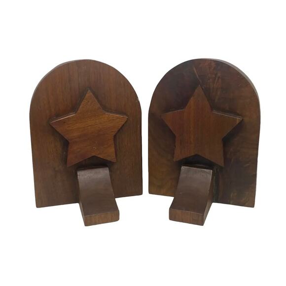 Mid 20th Century Rustic Handcrafted Mahogany Bookends With Star Motif - A Pair - Picture 12 of 13